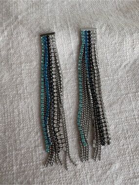 Statement Rhinestone Fringe Tassel Earrings Blue Silver Black Whimsigoth Y2K